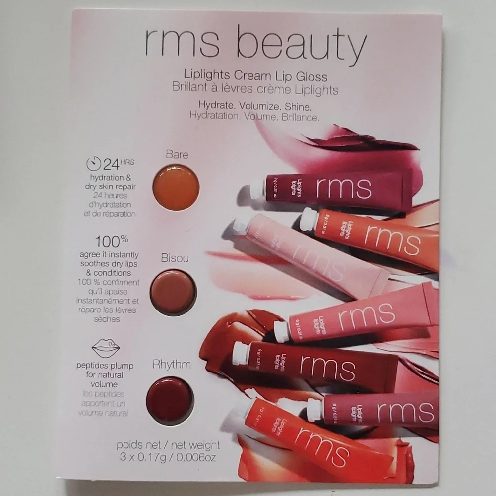 RMS Beauty 3 Travel Size Liplighte Cream Lip Glosses in Bare, Bisou, and Rhythm